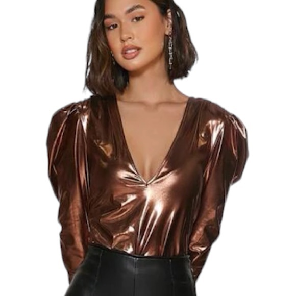 BRONZE PLUNGING NECKLINE GIGOT SLEEVE BODYSUIT - Picture 3 of 13